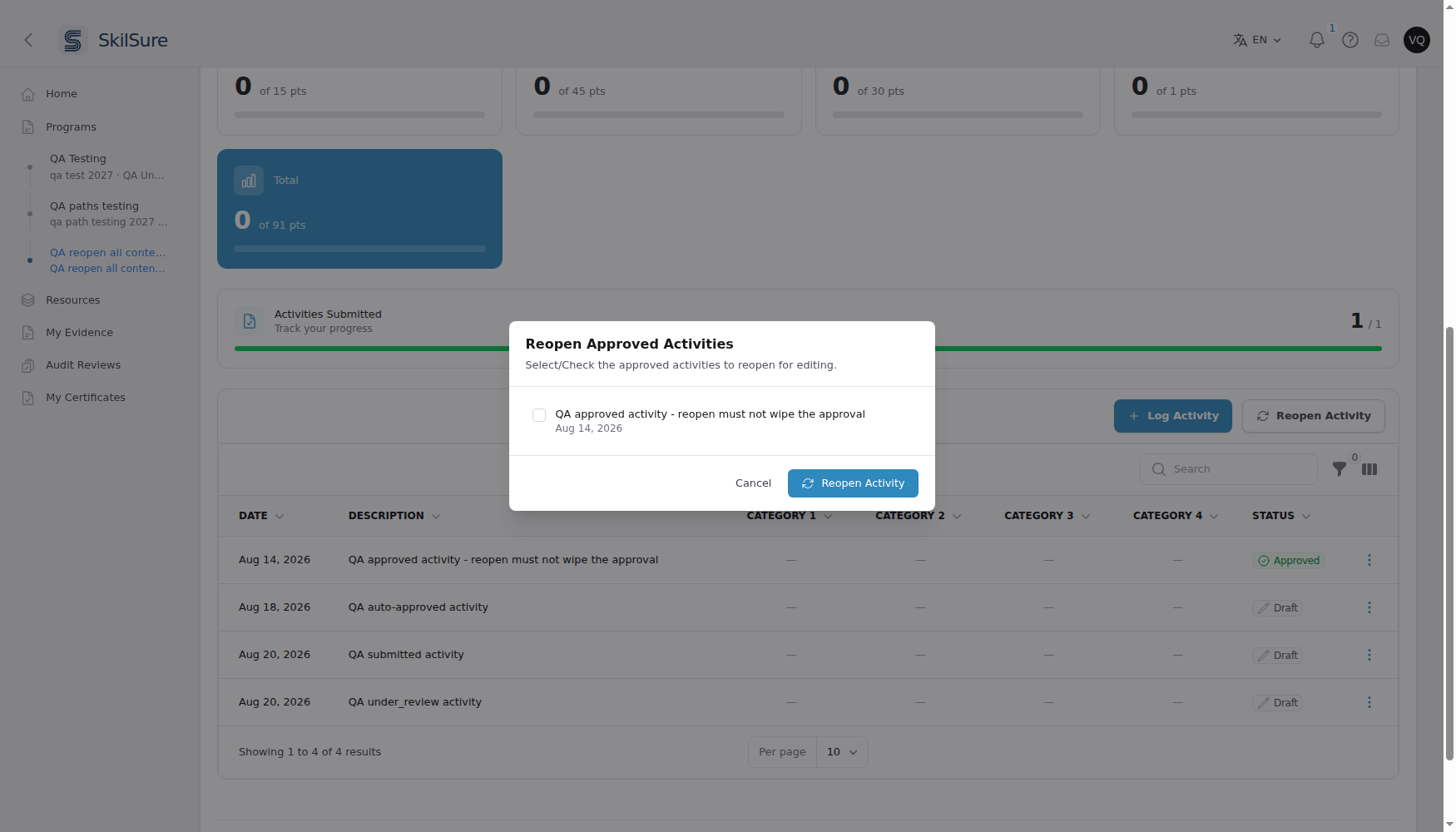 Reopen Approved Activities dialog listing one approved activity with its date and a checkbox, and Cancel and Reopen Activity buttons.
