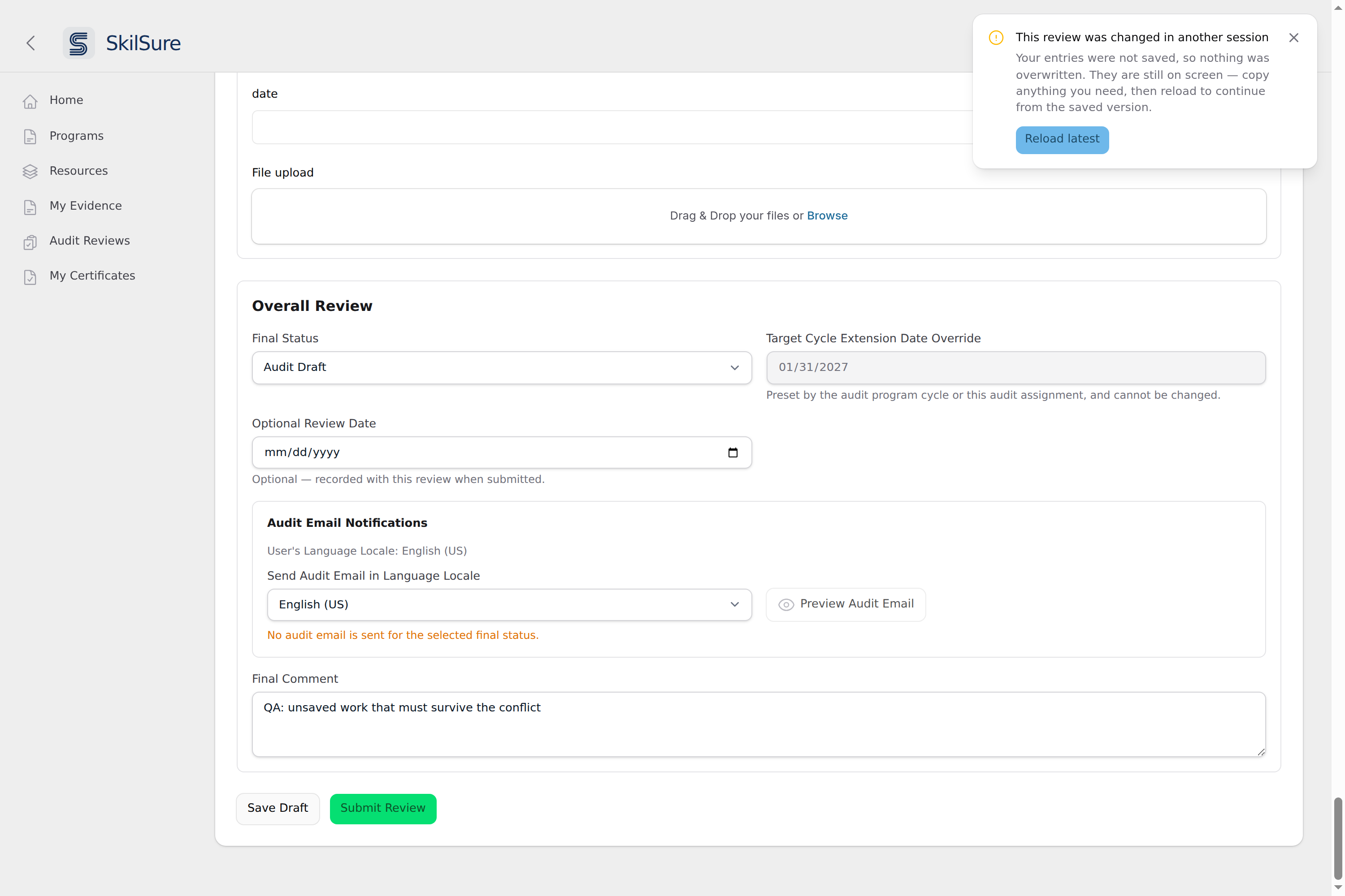 Audit review workspace with a warning notification reading "This review was changed in another session — Your entries were not saved, so nothing was overwritten. They are still on screen — copy anything you need, then reload to continue from the saved version." and a Reload latest button.