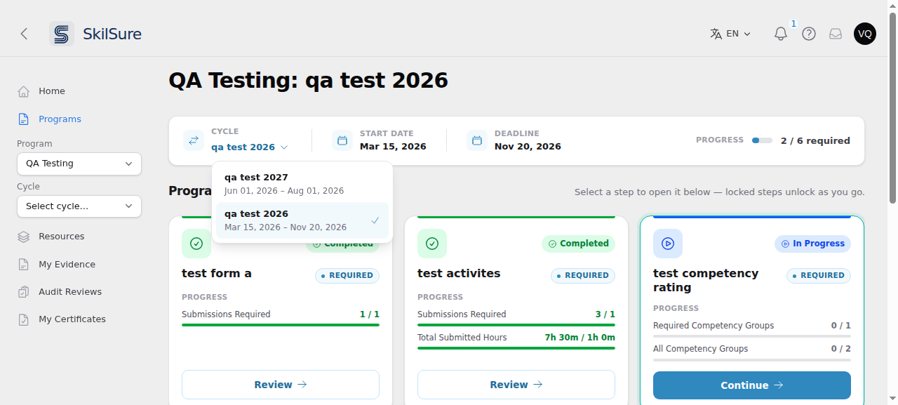 Program page with the cycle selector open. Two cycles are listed: "qa test 2027" reading Jun 01, 2026 - Aug 01, 2026, and the selected "qa test 2026" reading Mar 15, 2026 - Nov 20, 2026. The Start Date and Deadline beside the selector read Mar 15, 2026 and Nov 20, 2026, matching the selected cycle.
