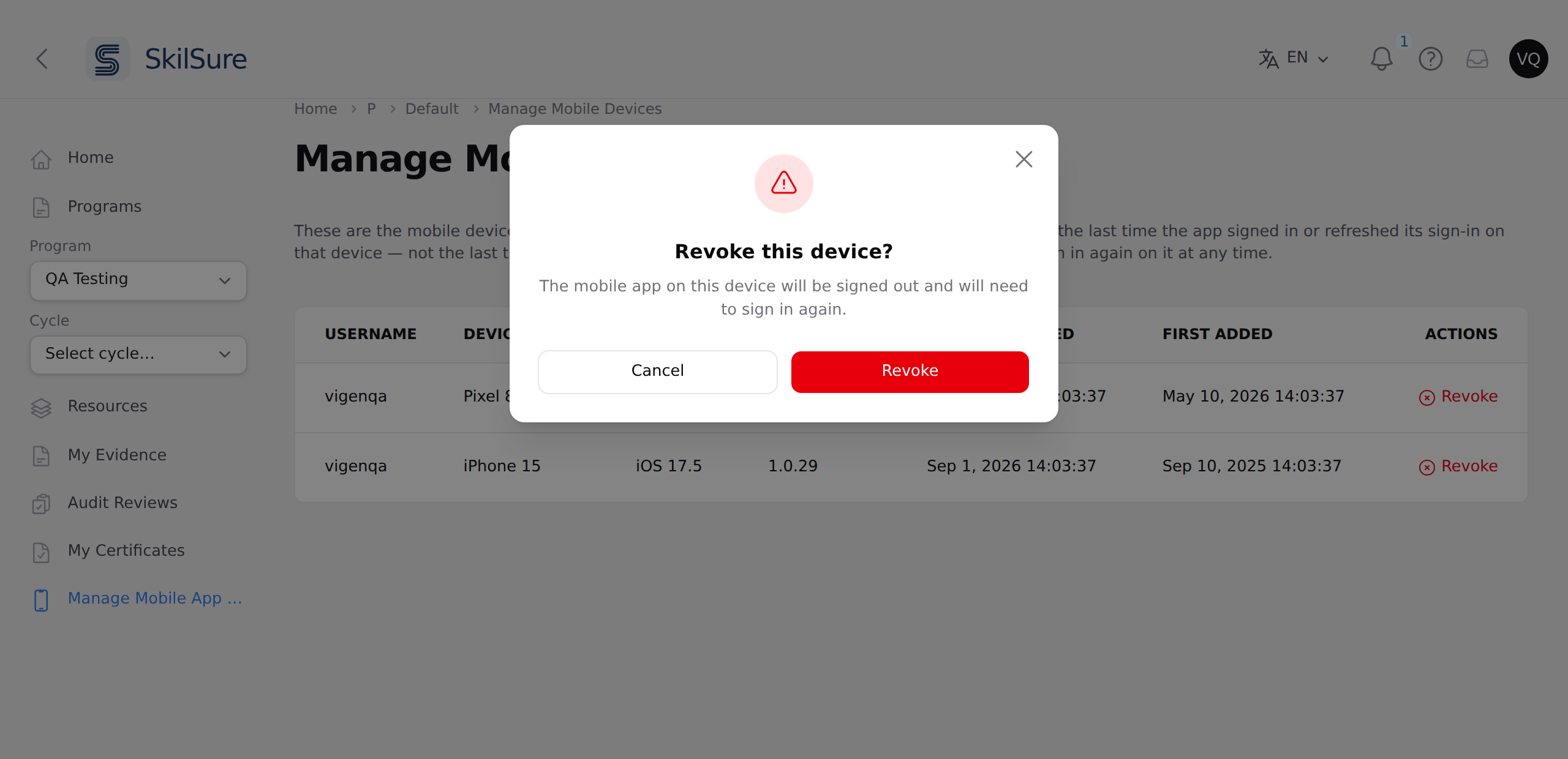 Confirmation dialog headed "Revoke this device?" explaining that the mobile app on the device will be signed out and will need to sign in again, with Cancel and Revoke buttons.