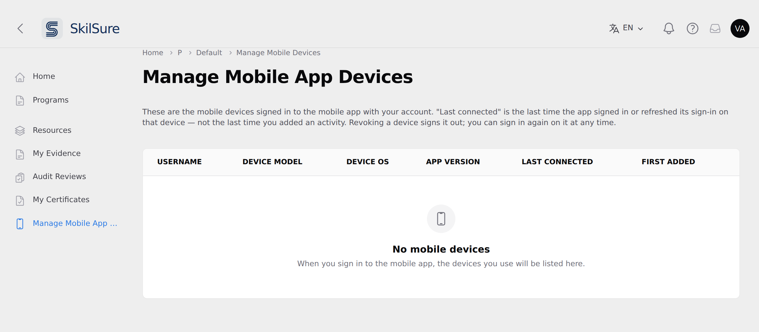 Manage Mobile App Devices page showing the empty state: a phone icon, the heading "No mobile devices", and text explaining that devices will be listed here after signing in to the mobile app.