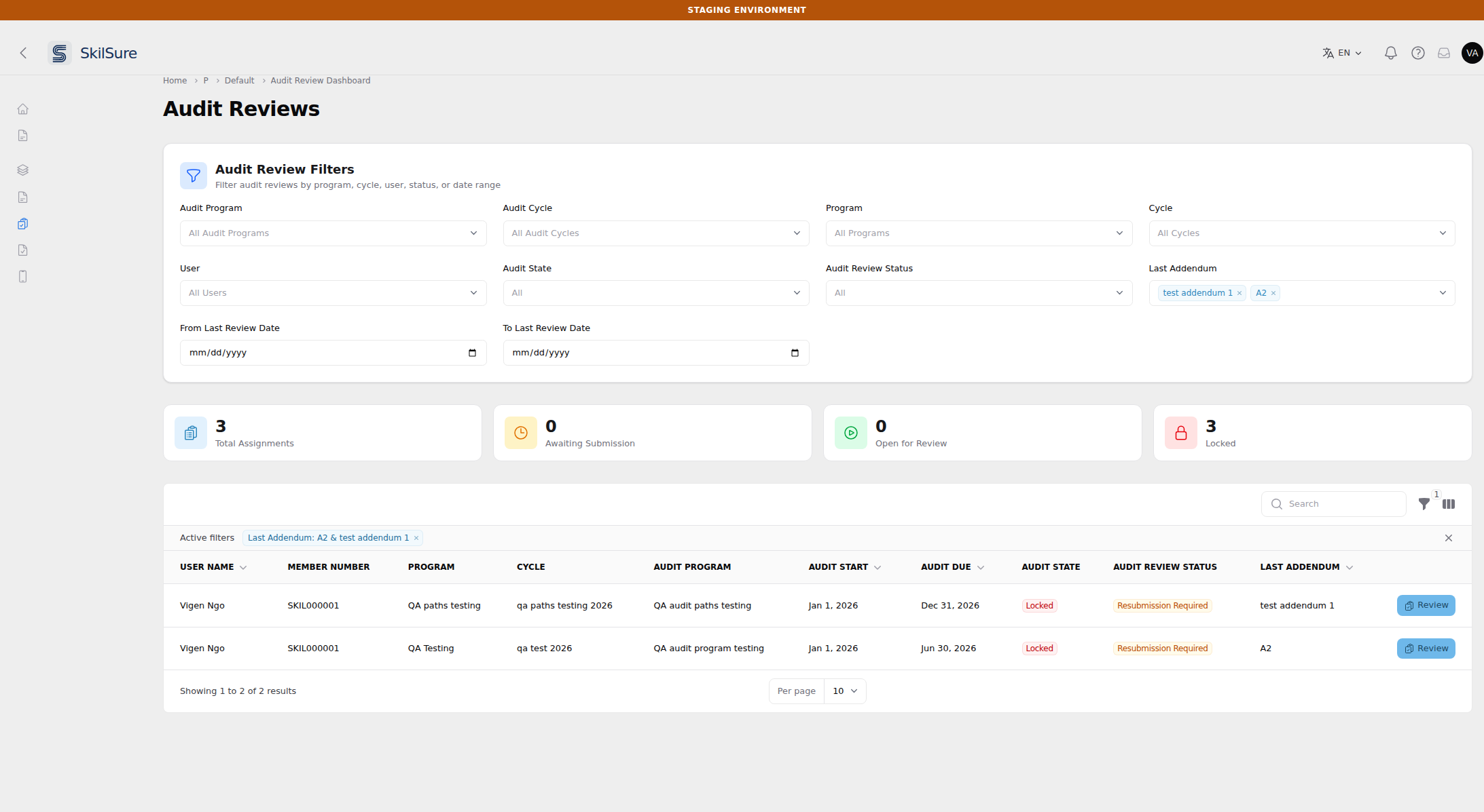 Audit Reviews dashboard with the Last Addendum filter holding two chips, "test addendum 1" and "A2", an "Active filters: Last Addendum: A2 & test addendum 1" chip above the table, and two of the three rows listed.