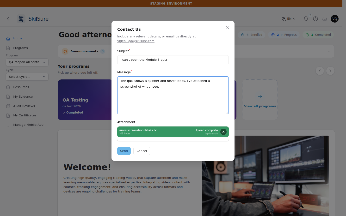 Contact Us modal open over the portal home page, with a subject, a message, and an attached file showing "Upload complete".