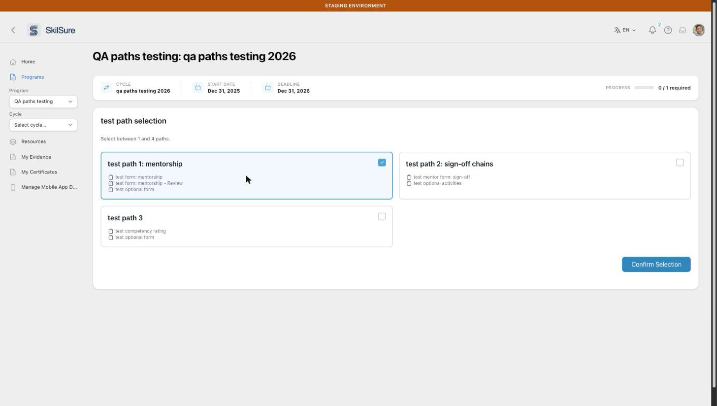 A Path Selection step titled test path selection. The prompt reads Select between 1 and 4 paths, and three path cards list their steps. The first card, test path 1: mentorship, is ticked, and a Confirm Selection button sits below.