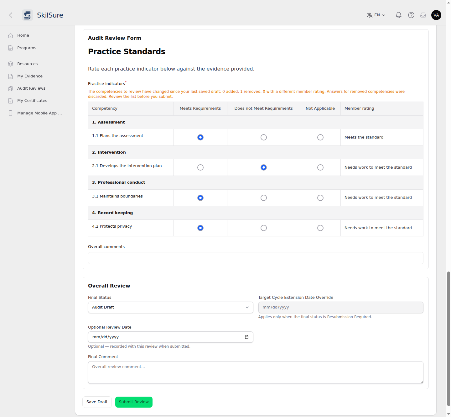 The Practice indicators list with an amber notice reading: The competencies to review have changed since your last saved draft: 0 added, 1 removed, 0 with a different member rating.