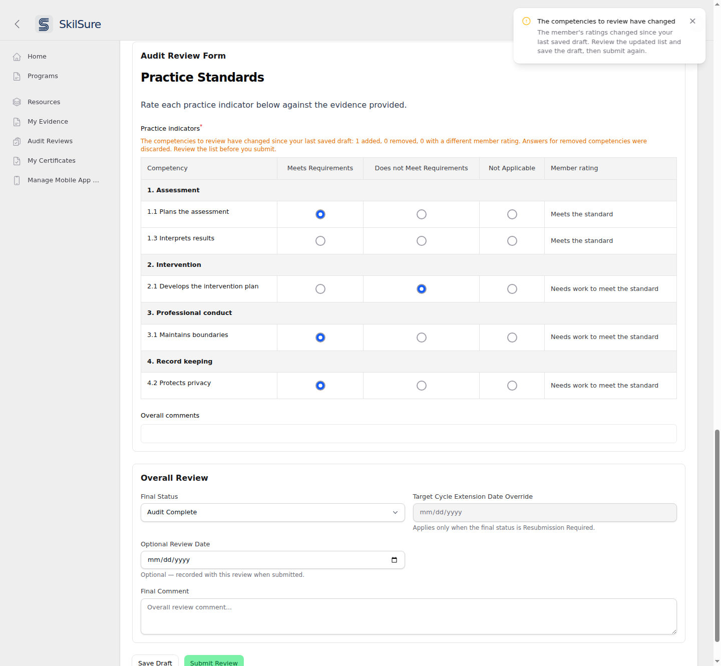 A warning notification reading The competencies to review have changed, over the review form with a notice that one competency was added.