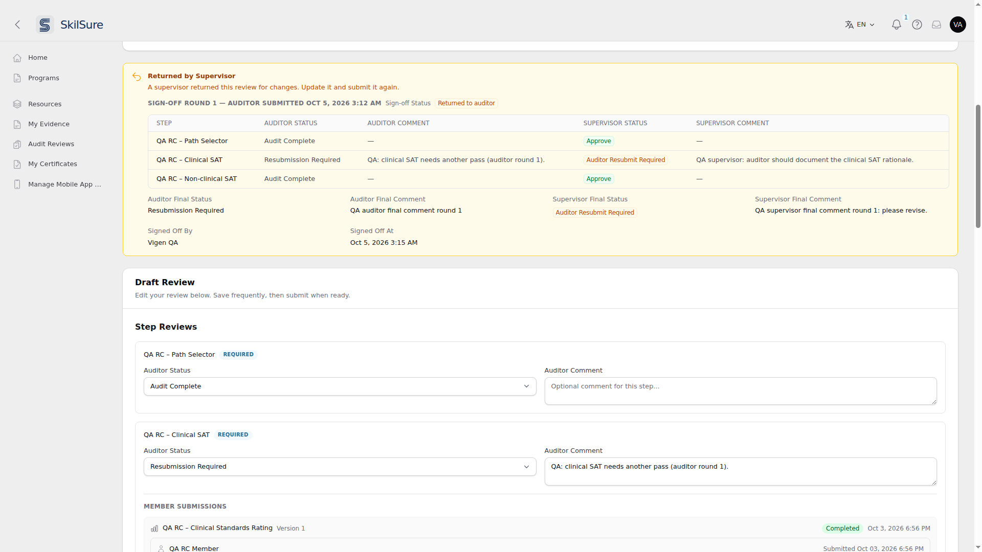 Auditor review workspace with the Returned by Supervisor callout, listing the supervisor's step statuses, comments and Supervisor Final Status above the editable draft.