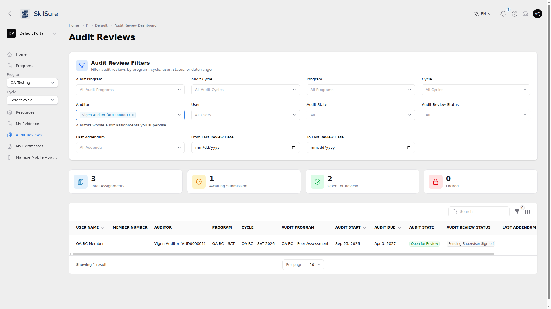 Supervisor's Audit Reviews dashboard with the Auditor filter and Auditor column, and a review showing Pending Supervisor Sign-off.