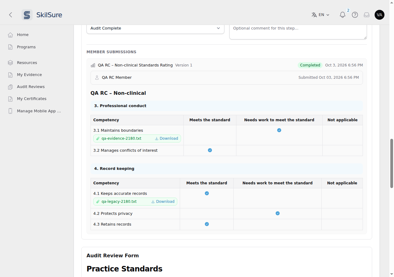 A Competency Rating step under Member Submissions: competency 3.1 shows the file qa-evidence-2180.txt and competency 4.1 shows qa-legacy-2180.txt, each in a green chip with a Download link, beside the member's ratings.